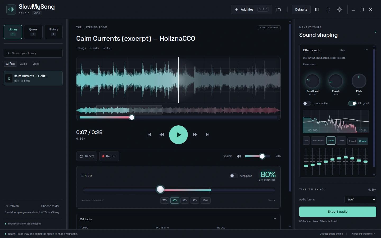 SlowMySong Studio with a waveform, music library and sound controls